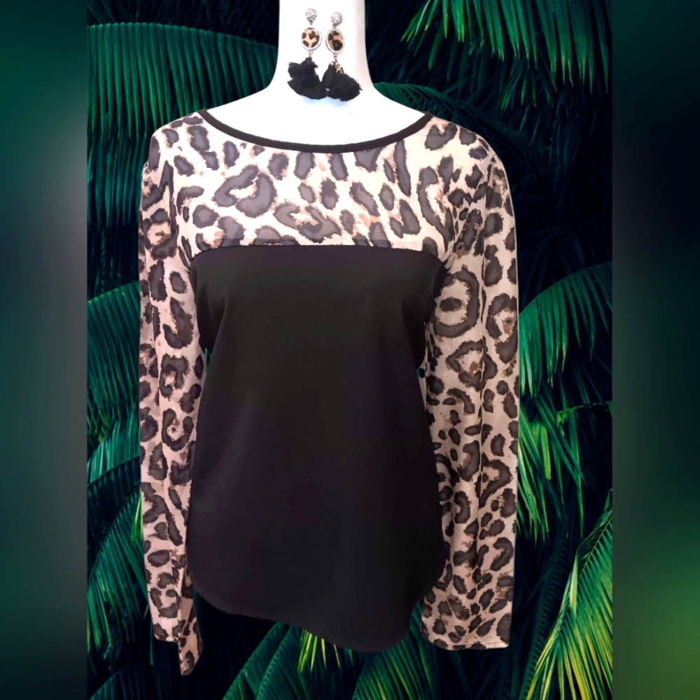 Leopard Print Sheer Black Women's Top